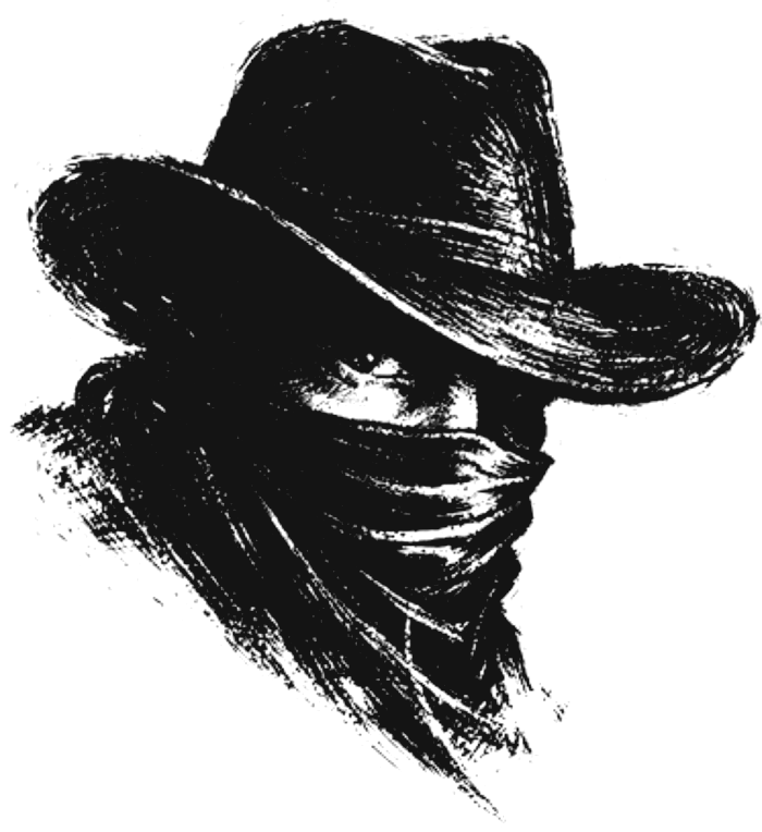 Illustration of a cowboy in a hat, a bandana over his face